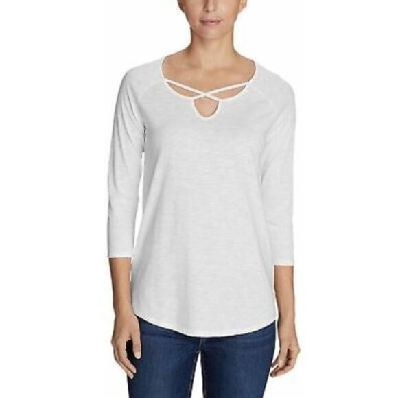 Eddie Bauer White Criss Cross Neck 3/4 Long Sleeve Top M - Picture 1 of 4